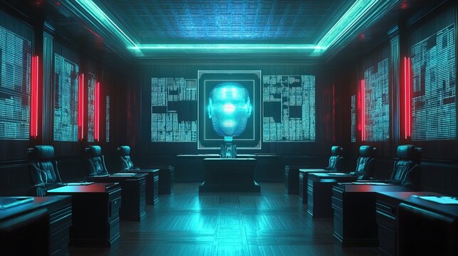 A real-time AI-powered lie detector scanning micro-expressions in a futuristic courtroom