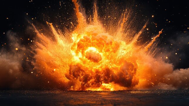 Fiery explosion, night sky backdrop, sparks, impact, ground zero, destructive power, cinematic effect, action movie scene