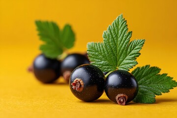 Fresh blackcurrants with green leaves against a vibrant yellow background captured in bright sunlight