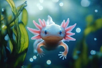Close-up of a translucent aquatic amphibian with feathery pink gills swimming among green underwater plants with blurred light orbs in the background