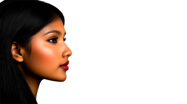 Asian woman, dark hair, red lips, profile view, isolated, cut out transparent