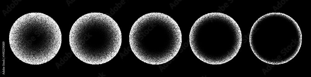 Poster dot grain texture circles vector set. abstract white spheres with gradient stipple pattern, globes w