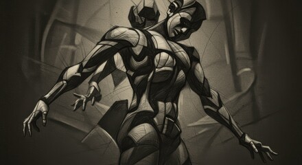 Abstract Monochromatic Figure Stylized Humanoid Form Graphite Sketch Artistic Pose