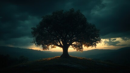 Majestic tree on a hilltop, bathed in golden sunset light amidst stormy clouds