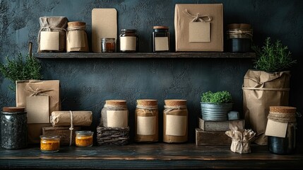 Fototapeta premium Rustic kitchen shelf filled with jars, packages, and herbs against a textured wall backdrop