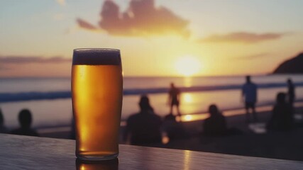 Sunset beach relaxation with glass of beer and silhouetted people enjoying the view - Powered by Adobe