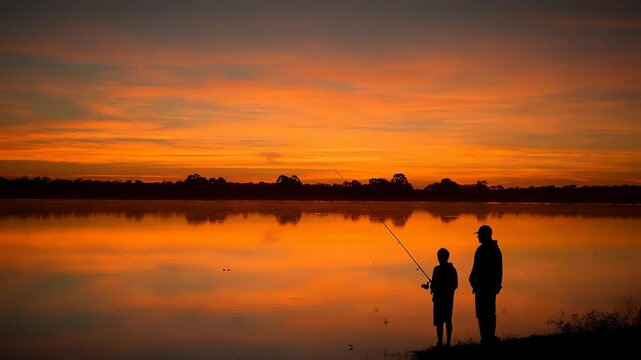 Silhouettes of father and son casting fishing rods by a calm lake, the sunrise reflecting on the water