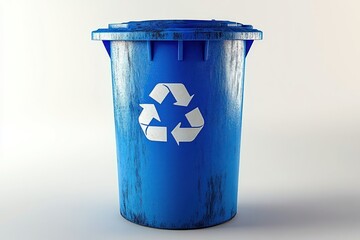 Blue recycling bin with visible wear and scratches symbolizing environmental care and sustainability