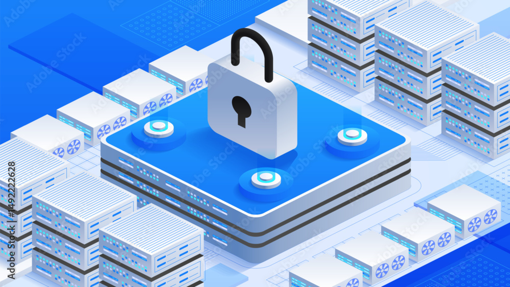 Poster online data protection isometric vector illustration. large padlock and multiple server racks, digit