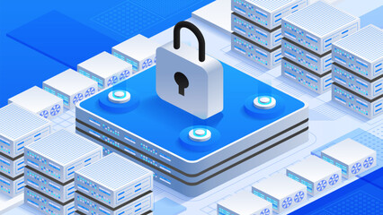 Online data protection isometric vector illustration. Large padlock and multiple server racks, digital security, data storage, and cybersecurity measures