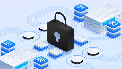Internet security in software development. Large black padlock protection. Technological elements like circuit connections. The blue and white color scheme. An isometric vector illustration