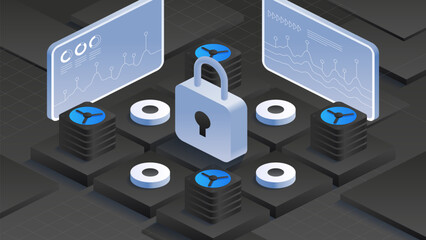 Cloud data protection with antivirus encryption cybersecurity. Padlock security. Stacks of servers with blue cooling fans. Two screens display data analytics graphs. Isometric vector illustration