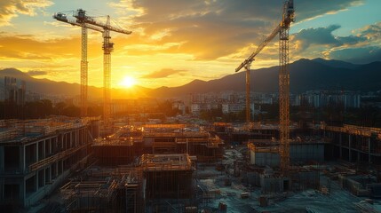 Sunset Construction Site Cityscape Cranes, Aerial View