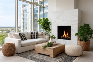 Obraz premium Cozy modern living room with fireplace and large windows showcasing urban skyline