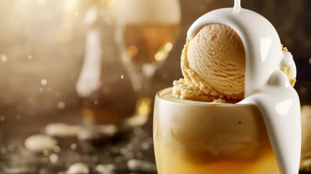 Creamy pouring over ice cream float in frosty glass with soft focused background