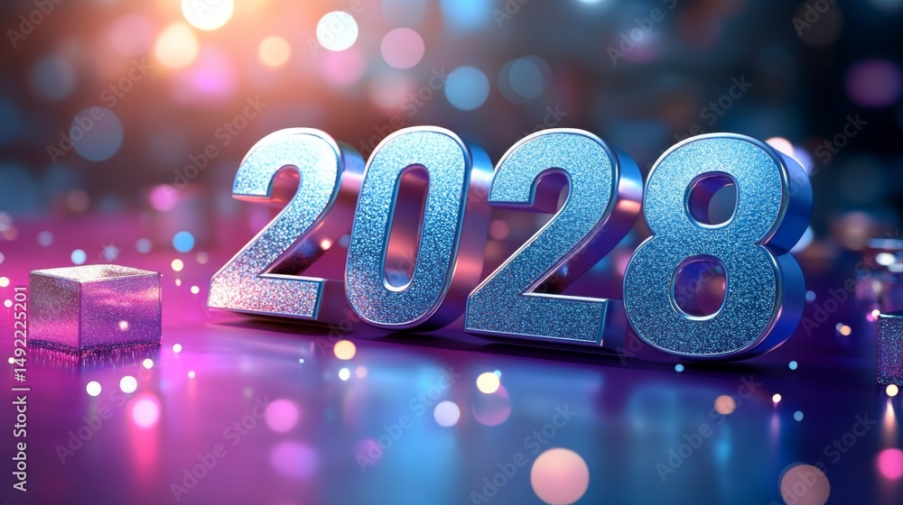 Poster shiny silver metallic 2028 text with bokeh lights effect happy new year 2028 template