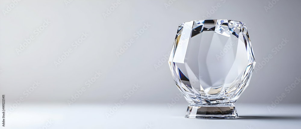 Poster transparent facetted crystal object on light gray background