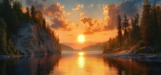 Serene sunset over a calm river flanked by rocky cliffs and dense pine forests under a partly cloudy sky with warm golden light reflecting on the water