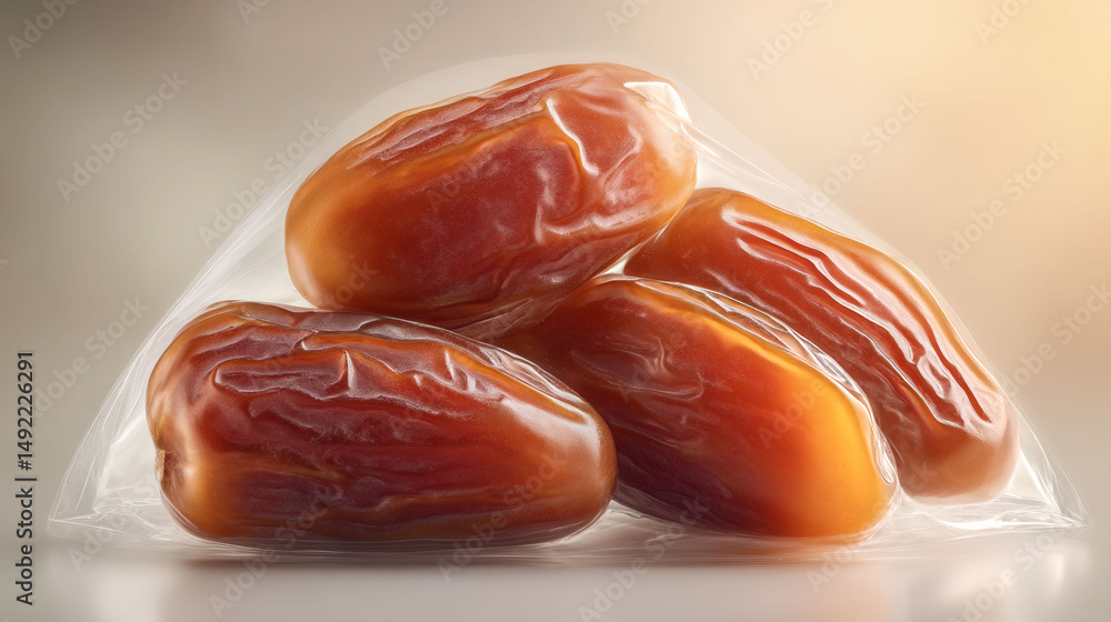 Aufkleber a close up of four dried dates in a plastic bag. the dates are brown and appear to be dried