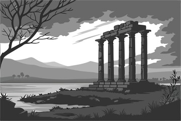 Fototapeta premium 103 dramatic mysterious architectural ruins, crumbling stone columns, standing in a calm misty lake, landscape with mountains in the background, moody dark dramatic sky, long exposure, black and white