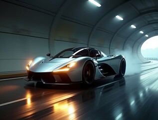 Naklejka premium A high-performance supercar speeding through a tunnel with motion blur effect, headlights illuminating the path ahead