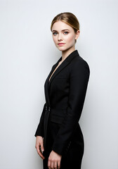 Confident Young Businesswoman in Elegant Black Suit Posing Against Light Background – Professional Portrait for Corporate, Marketing, or Leadership Branding Use