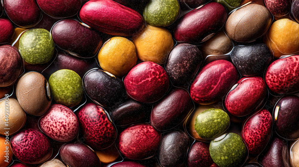 Poster a close up of many different colored beans. the beans are of various sizes and colors, including red