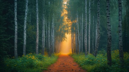 Fototapeta premium Misty forest path bathed in golden light