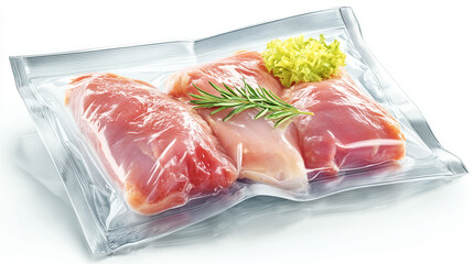 A pack of chicken with herbs on top. The chicken is in a plastic bag. The herbs are parsley and rosemary