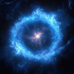bright cosmic explosion with swirling blue nebula and glowing center radiating energy in deep space