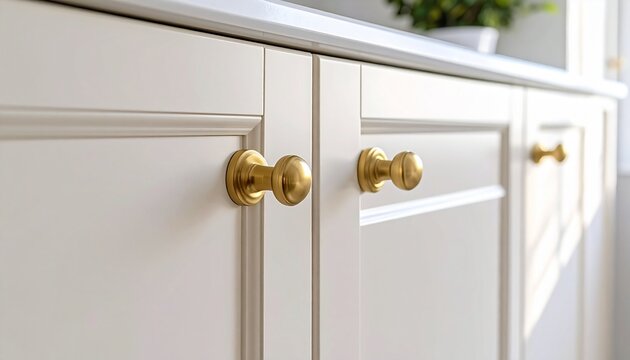 Champagne gold knobs on a smooth ivory cabinet door, styled with shadowy ambience and precision-focused textures