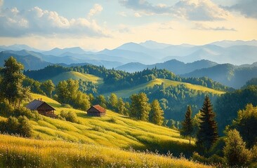 Peaceful rural landscape with sunlit grassy hills, scattered trees, two wooden cabins, and distant blue mountains under a partly cloudy sky