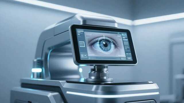 A futuristic medical device scans a digital eye on a high-tech screen, surrounded by pulsing blue lights. The lens shifts slightly, simulating biometric analysis in a modern clinical environment