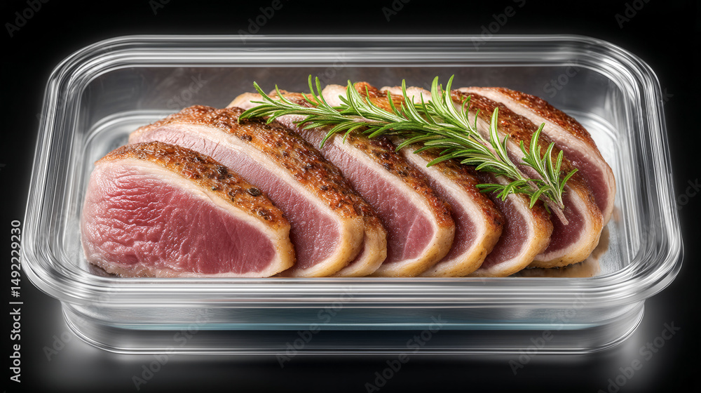 Poster a tray of meat with rosemary on top. the meat is sliced and arranged in a way that makes it look app