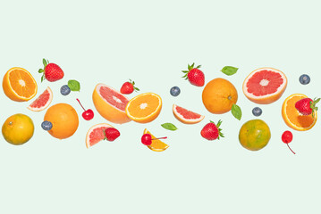 Summer vibrant fruit on a pastel green background. Natural light. Perfect for use in food blogs, summer-themed advertisements, healthy lifestyle promotions, and seasonal social media content. 