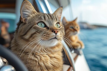 A delighted cat enjoys the breeze while sitting by the yachts console