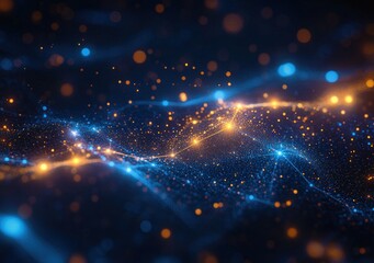 Abstract digital visualization of flowing interconnected blue and orange glowing particles and lines on a dark background creating a dynamic network effect