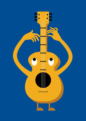 Music poster, comic cartoon guitar with eyes and hands