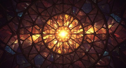 Abstract Cosmic Mandala Glowing Fractal Stained Glass Art Design