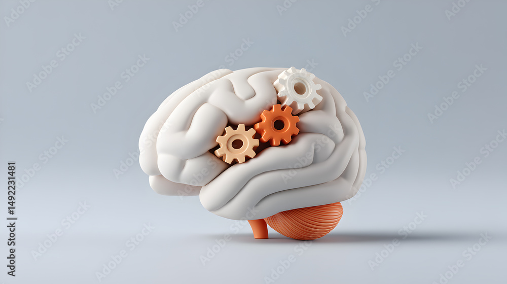 Poster brain with gears showing concept about mind function, problem solving and idea