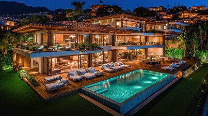Luxurious hillside mansion with expansive pool and night lighting