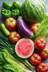 A vibrant assortment of fresh vegetables and fruits including tomatoes, watermelon, eggplant, and lettuce are arranged neatly from a top view, showcasing their colors and textures