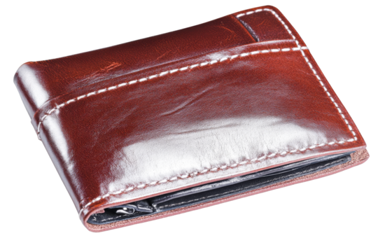 Leather wallet with white stitching, billfold, accessory, cut out transparent