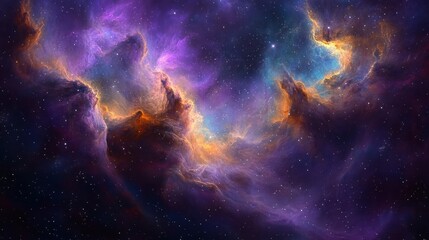 Fototapeta premium Vibrant cosmic nebula displaying swirling clouds of purple, blue, orange, and yellow gas with numerous small stars scattered across deep space