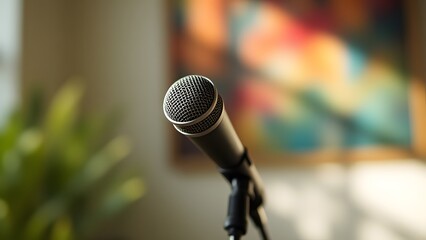 Close-up of a Microphone on Stand Against Blurred Colorful Background