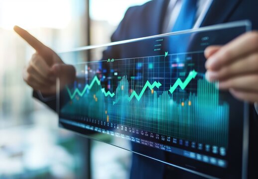 Businessperson displays financial data on interactive screen