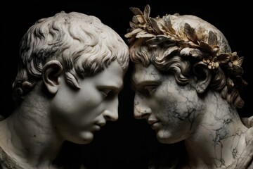 Two intricately carved marble statues represent male lovers, facing each other with expressions of affection. They are showcased in a dimly lit gallery, highlighting their detailed features