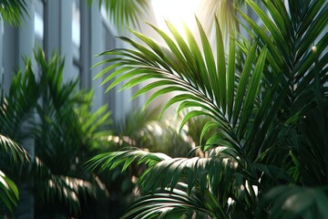 Fototapeta premium Lush green palm leaves illuminated by sunlight in a bright greenhouse during the day