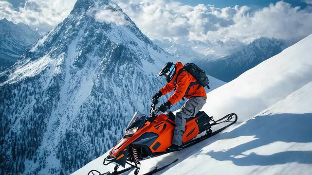 a man on a snowmobile in the snowy mountains. Selective focus