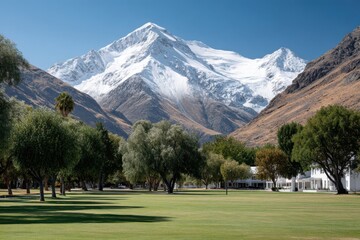 Fototapeta premium Snow-capped mountains rise majestically over a lush green landscape in a serene valley under a clear blue sky